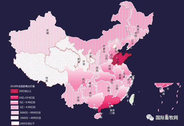 2018年全国家禽出栏量分布